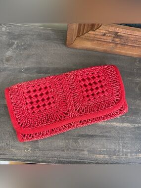 Vintage Italian Red Woven Straw Raffia Clutch Handbag Boho Resort Summer Purse